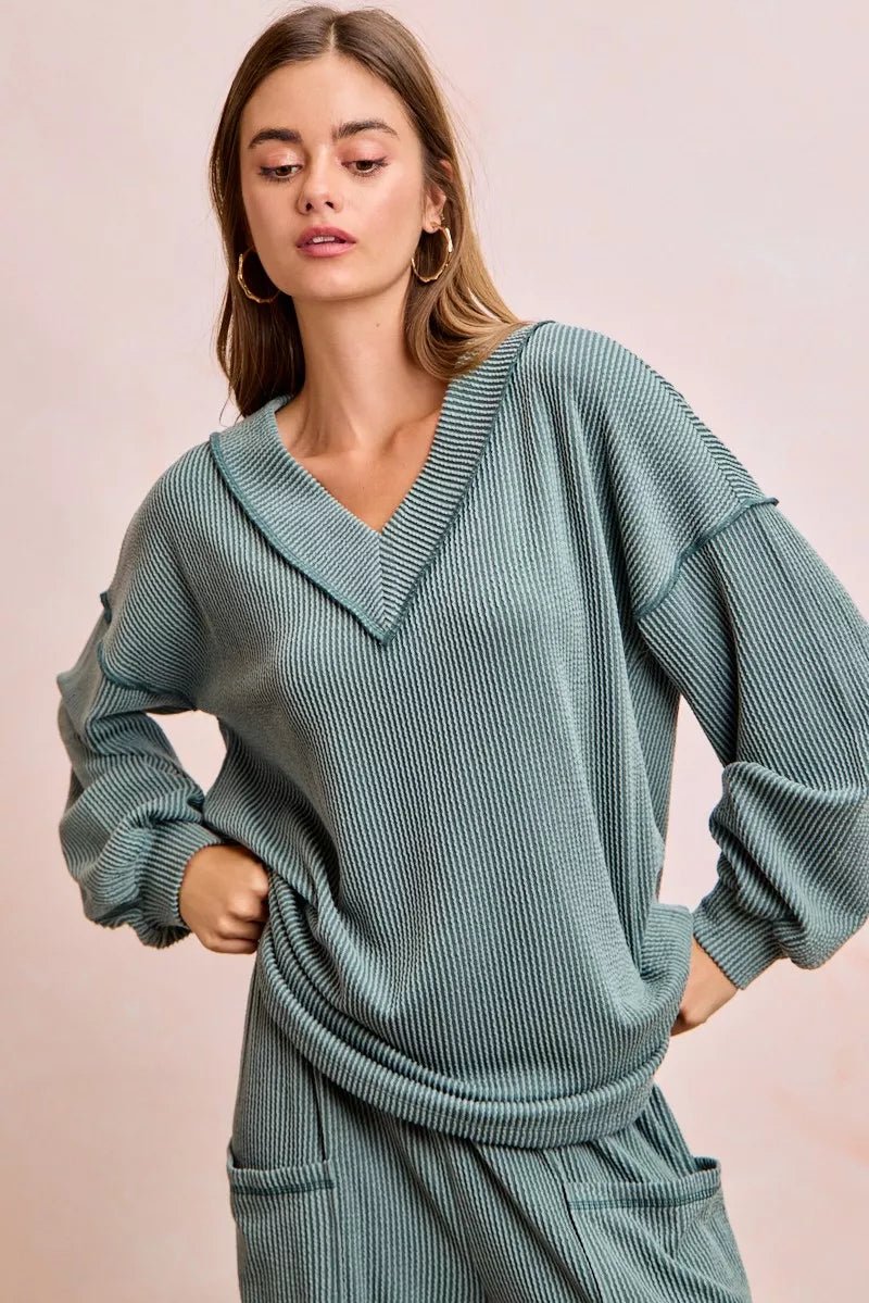 BiBi Two Tone Cord Rib Contrast Stitching V - Neck Top and Pants Set - Seedandsoulful