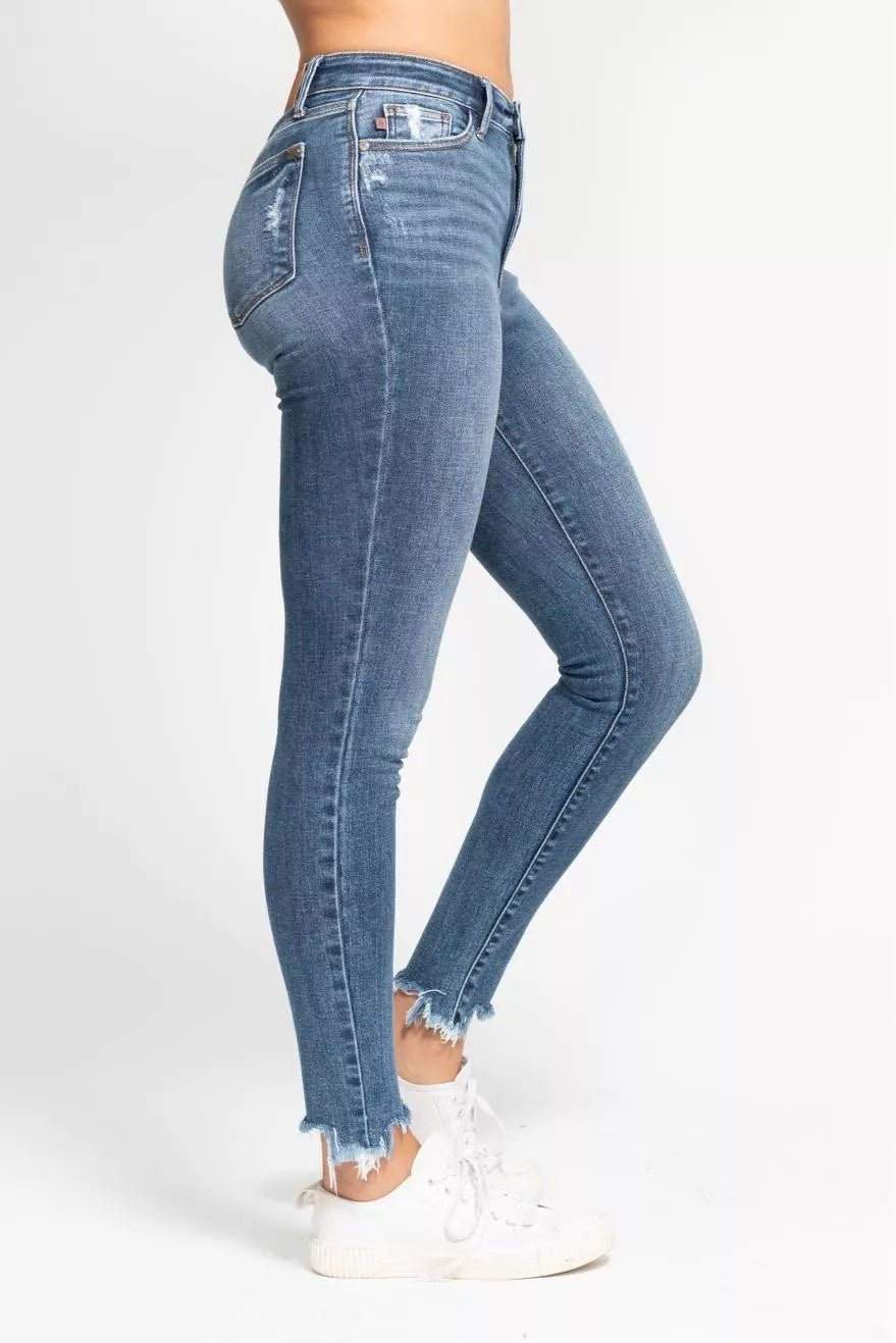 Judy Blue High Waist Skinny Jeans with Destroy & Shark Bit Hem - Seedandsoulful