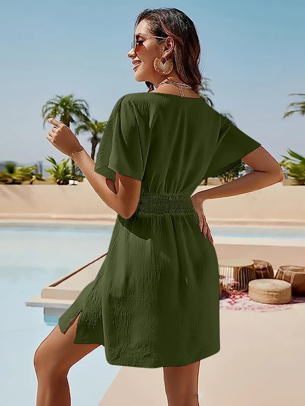 Smocked V - Neck Short Sleeve Dress - Seedandsoulful