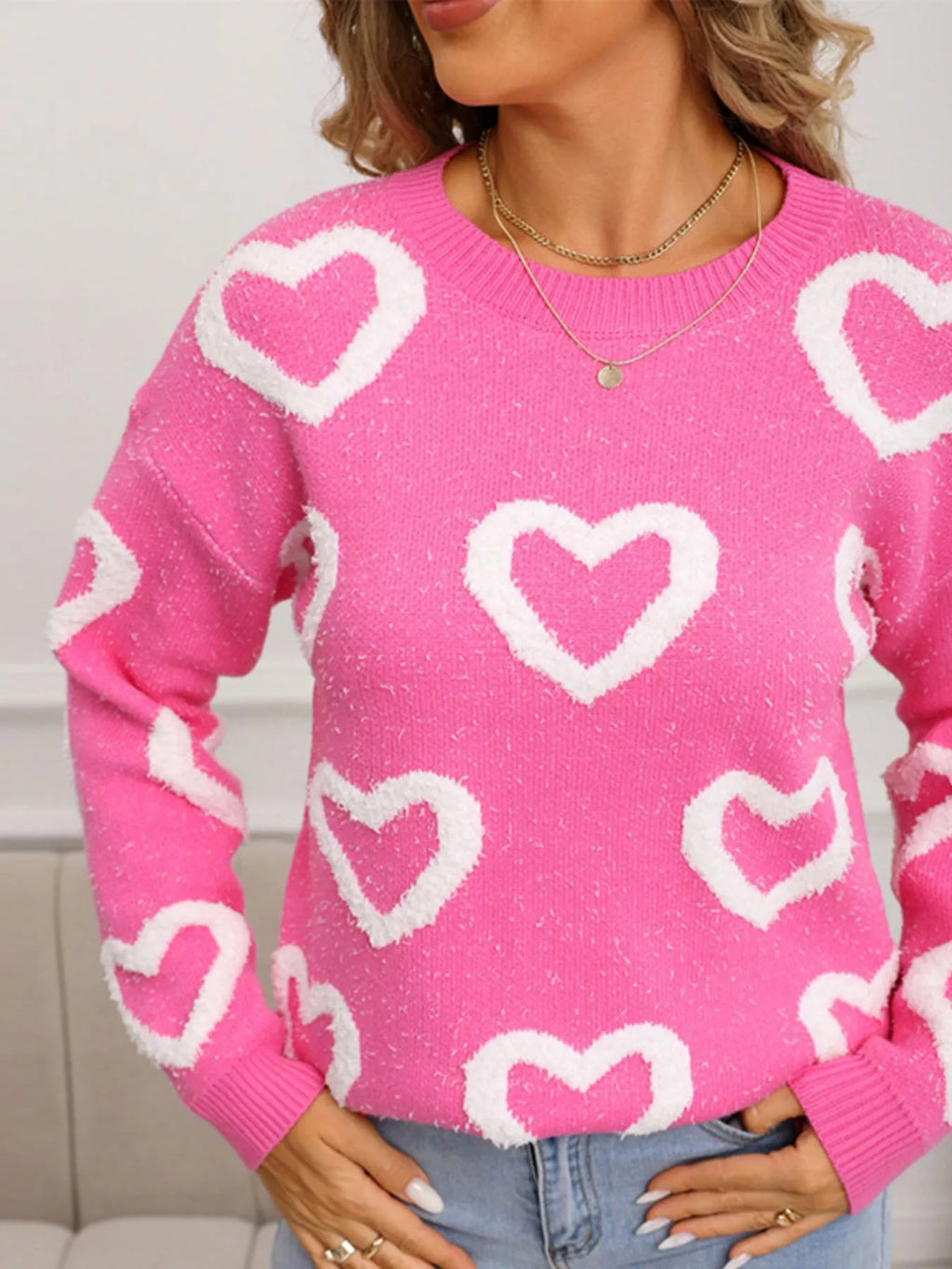 Valentine's Day Heart Pattern Round Neck Sweater - Seedandsoulful