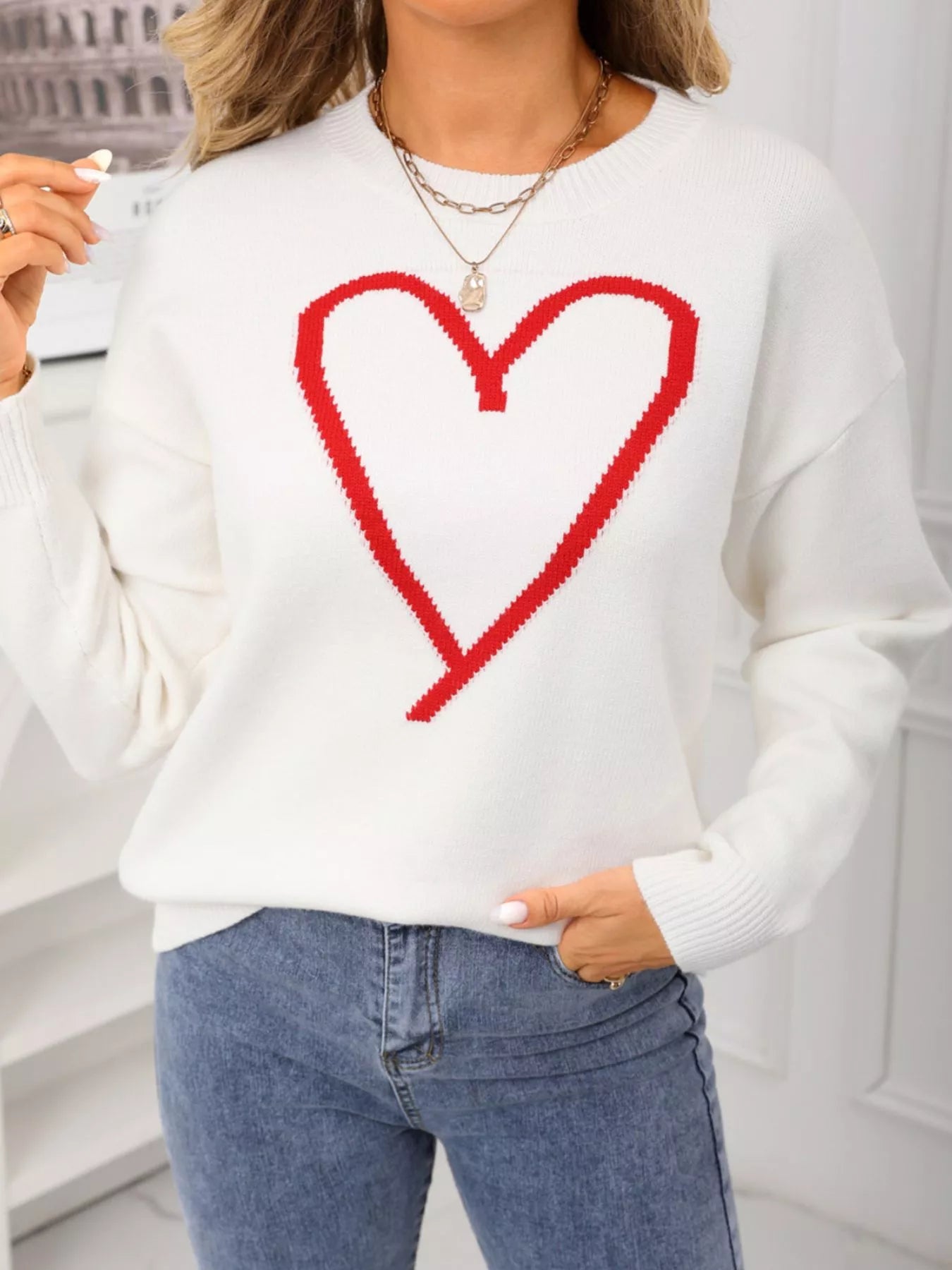 Valentine's Day Heart Graphic Dropped Shoulder Sweater - Seedandsoulful