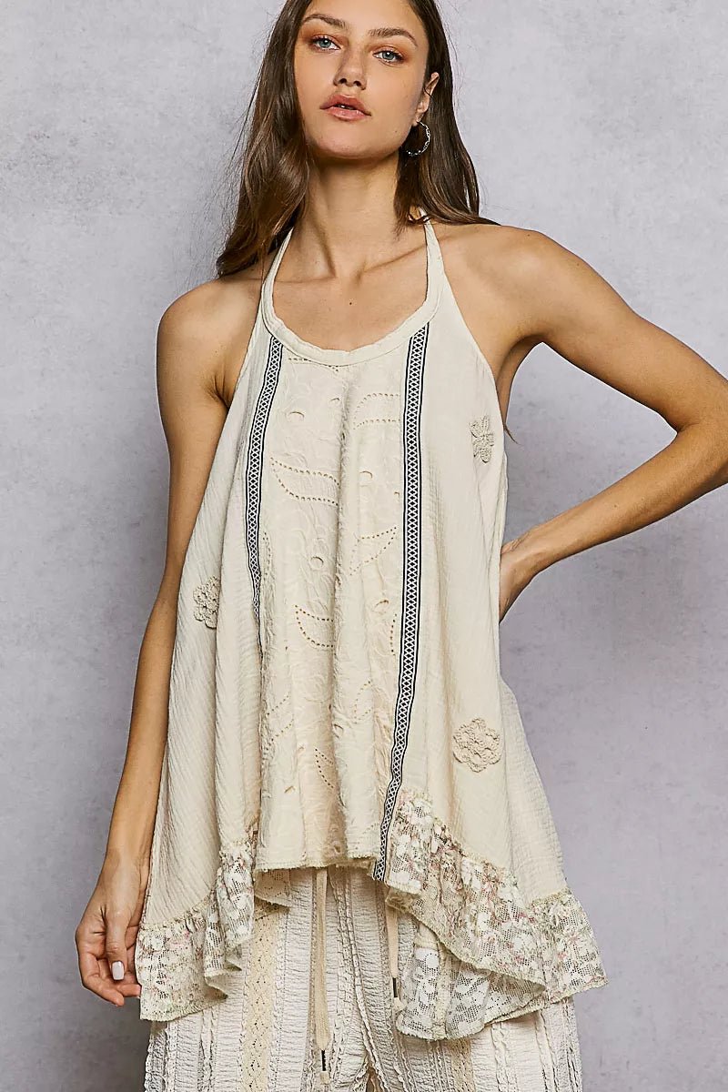 POL Lace Ruffle Halter Neck Double Gauze Top with Crochet Patch - Seedandsoulful