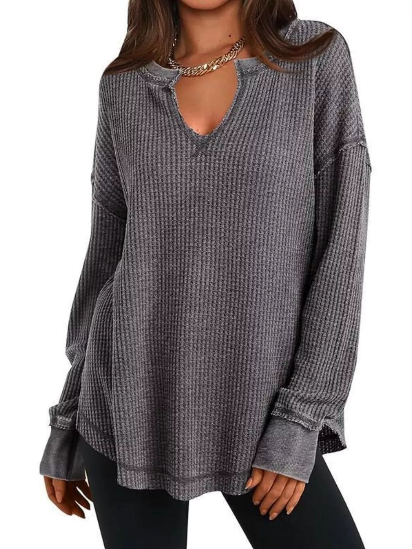 Slit Notched Long Sleeve T-Shirt - Seedandsoulful