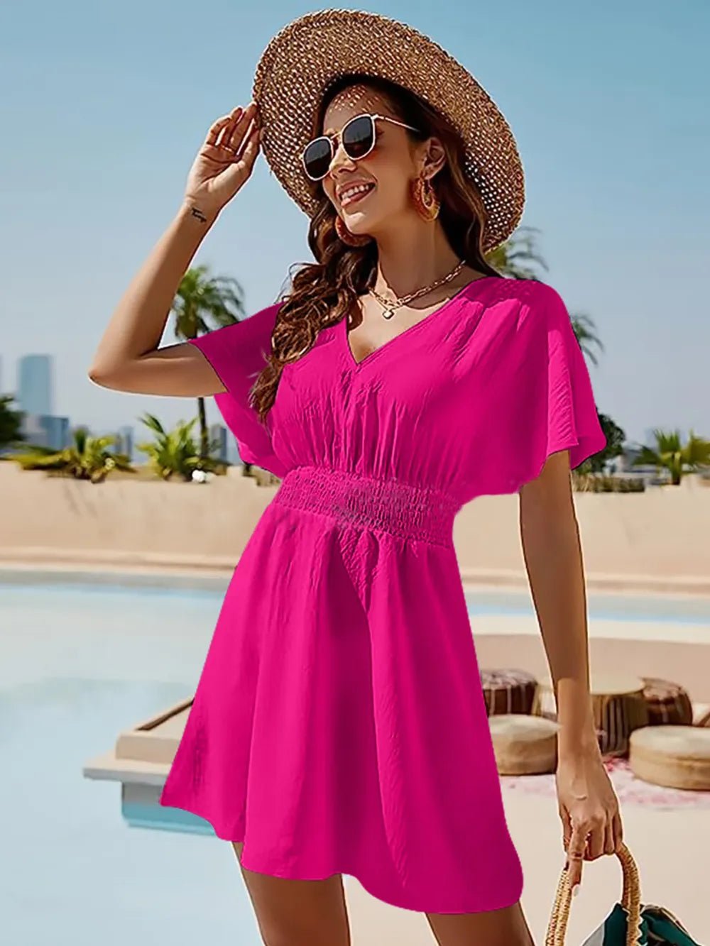 Smocked V - Neck Short Sleeve Dress - Seedandsoulful