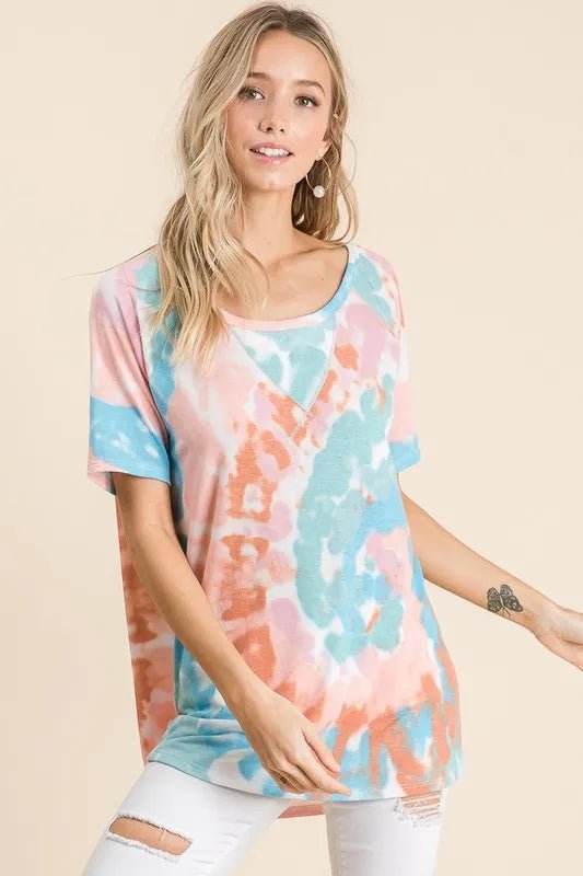 BiBi Tie Dye Print Short Sleeve T-Shirt with Raglan Sleeves - Seedandsoulful