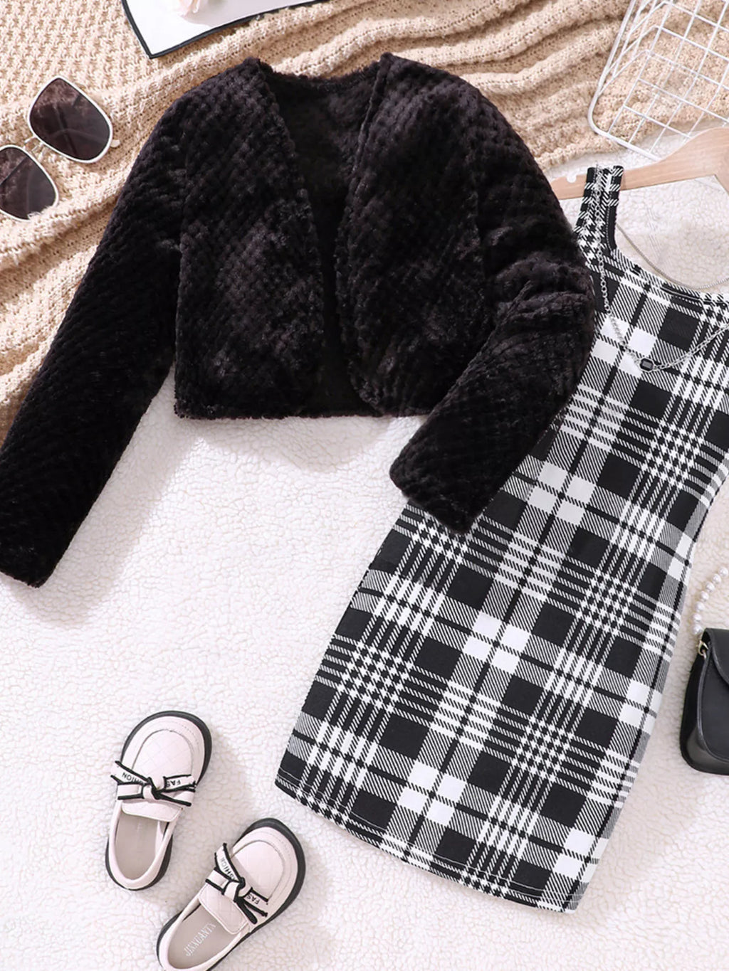Children's Fuzzy Cardigan & Plaid Dress Set - Seedandsoulful