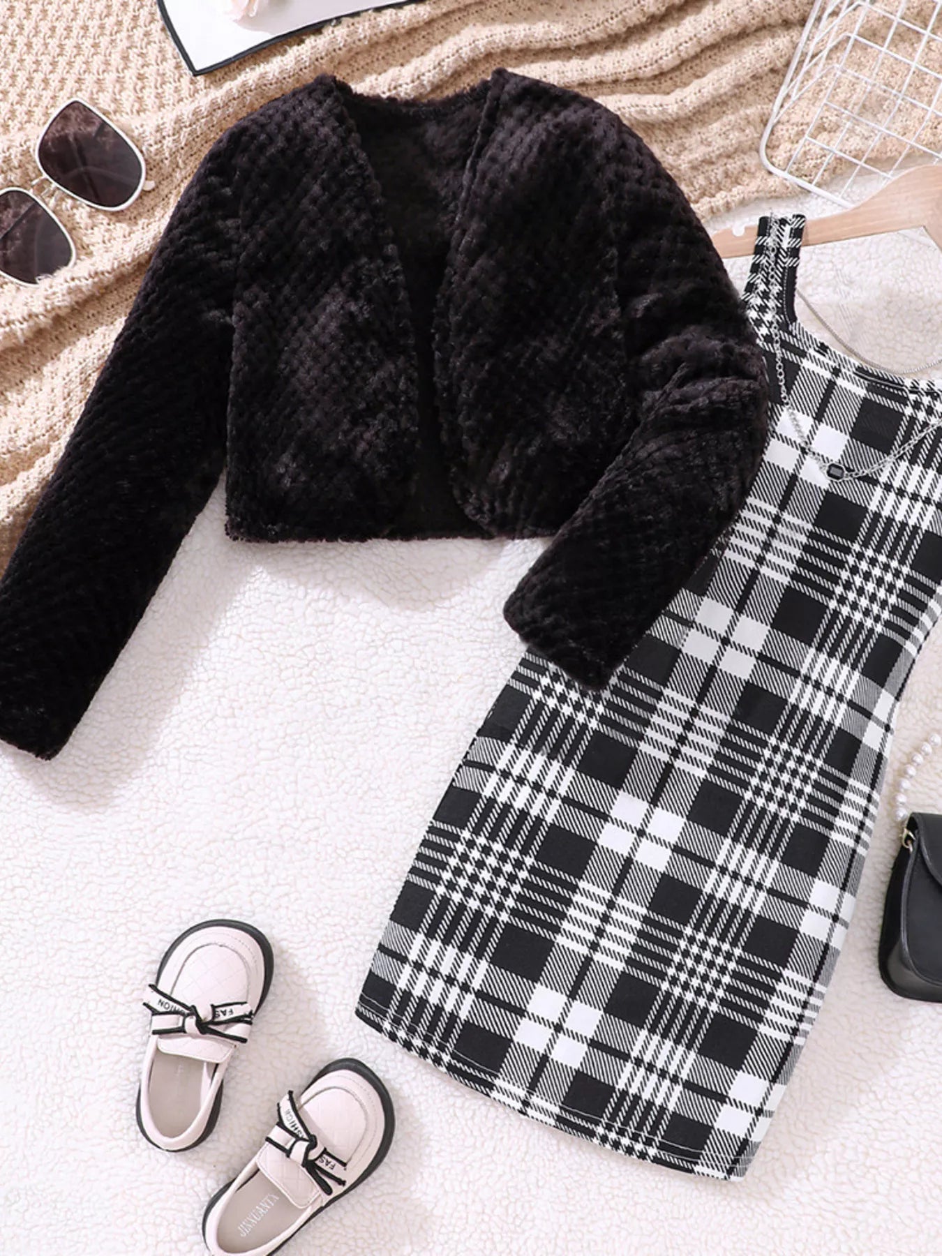 Children's Fuzzy Cardigan & Plaid Dress Set - Seedandsoulful