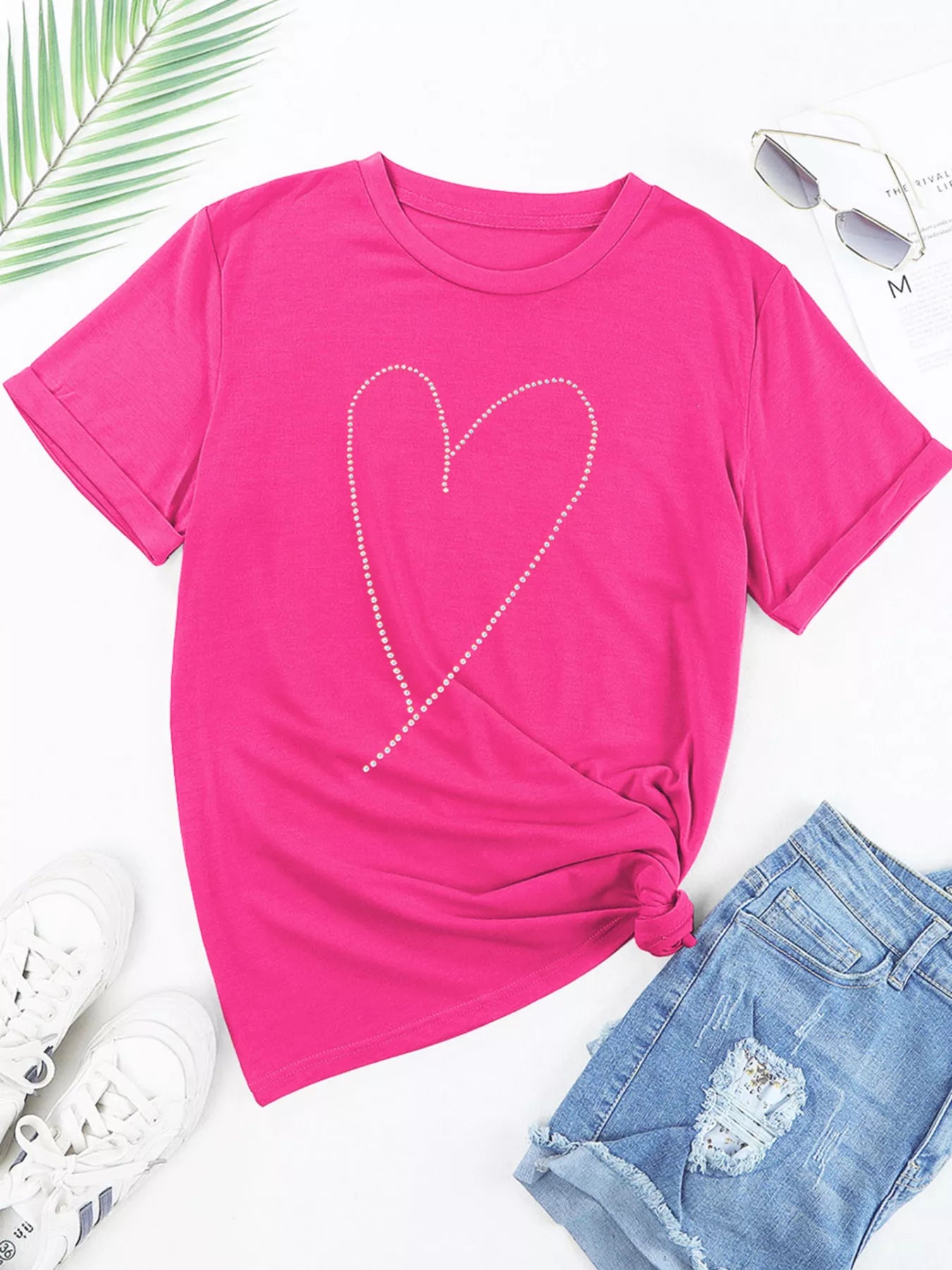 Rhinestone Heart Graphic Crew Neck Valentines Tee - Seedandsoulful