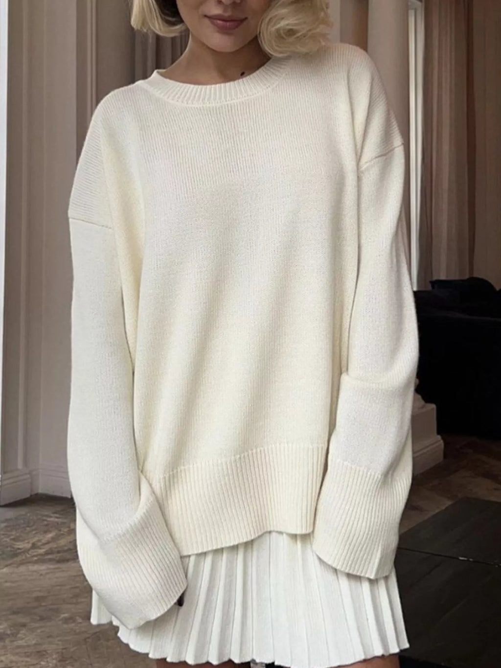 Round Neck Top and Pleated Skirt Sweater Set - Seedandsoulful