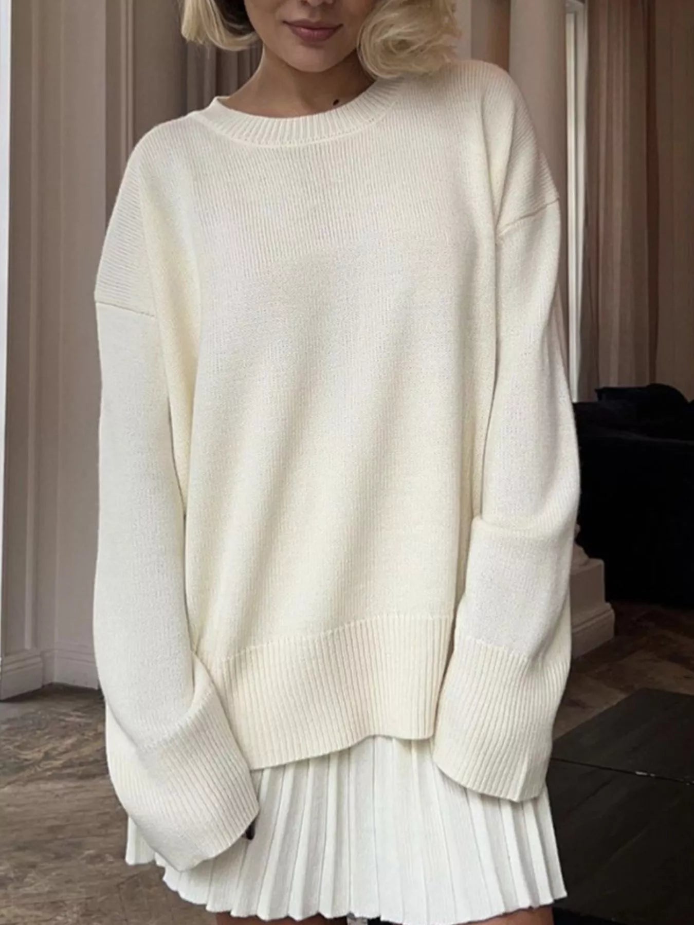 Round Neck Top and Pleated Skirt Sweater Set - Seedandsoulful