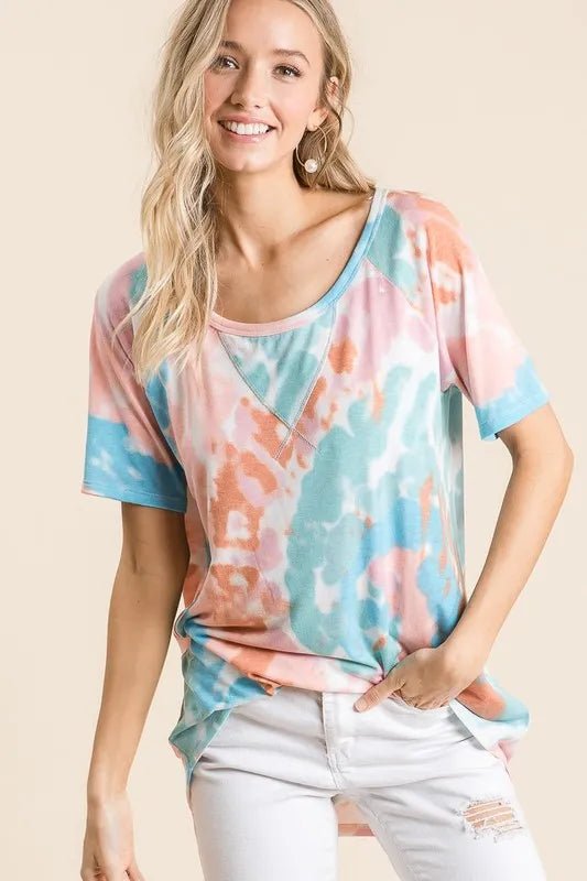 BiBi Tie Dye Print Short Sleeve T-Shirt with Raglan Sleeves - Seedandsoulful
