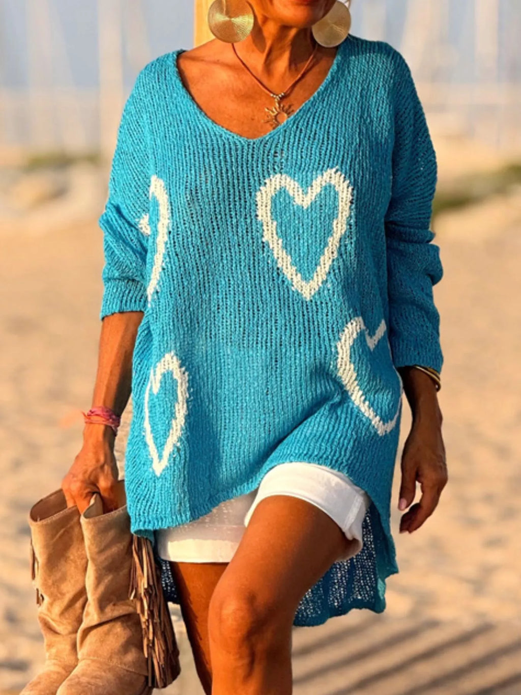 Heart V - Neck Dropped Shoulder Sweater - Seedandsoulful