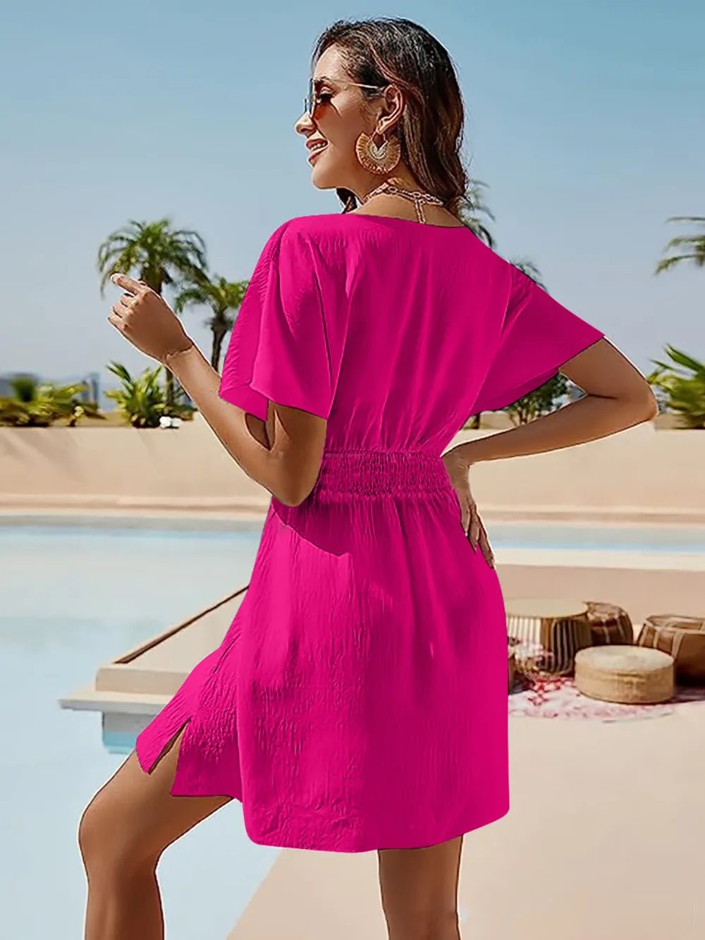 Smocked V - Neck Short Sleeve Dress - Seedandsoulful