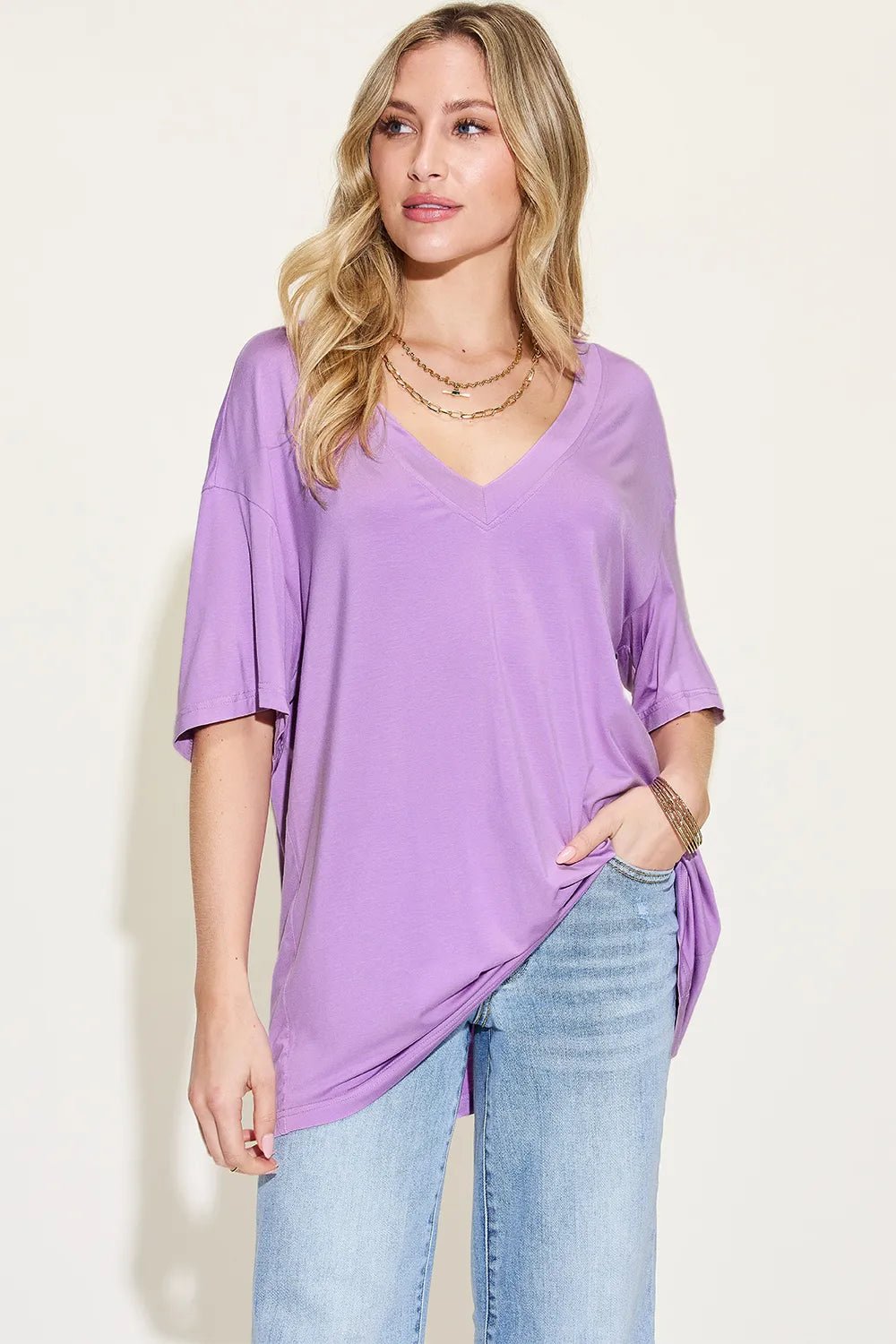 Basic Bae Full Size Bamboo V - Neck Drop Shoulder T-Shirt - Seedandsoulful