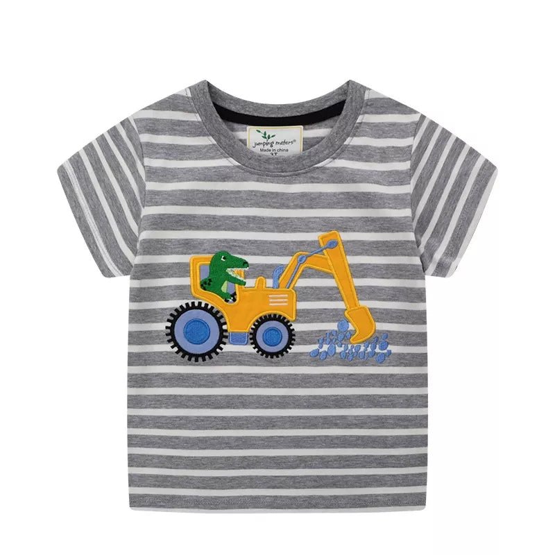 Children's Excavator Striped Round Neck T-Shirt - Seedandsoulful