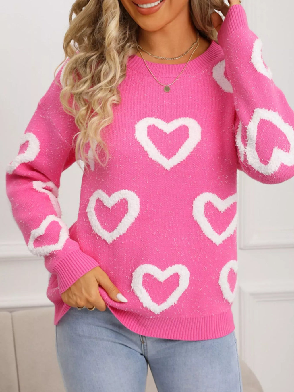 Valentine's Day Heart Pattern Round Neck Sweater - Seedandsoulful