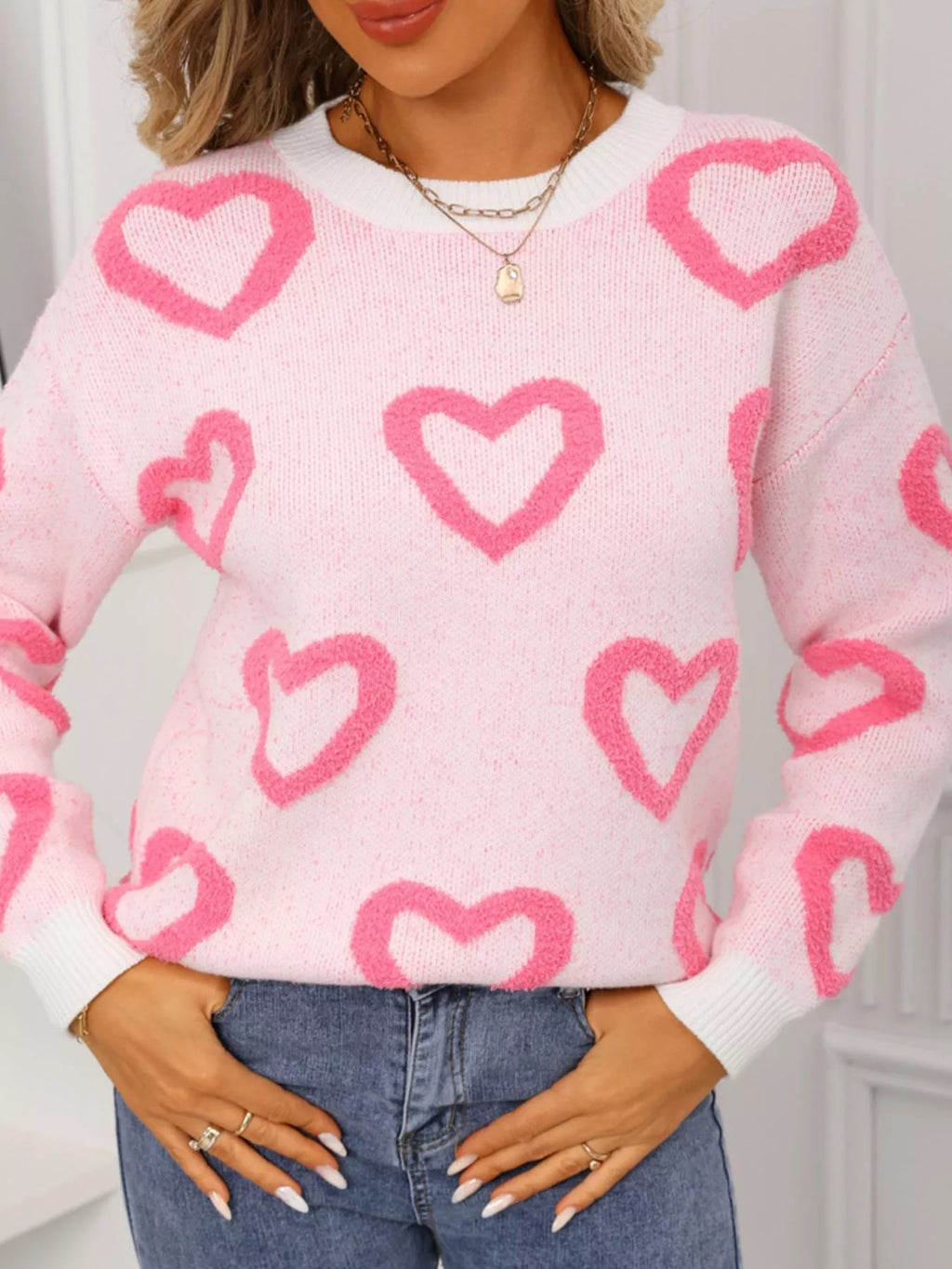 Valentine's Day Heart Pattern Round Neck Sweater - Seedandsoulful