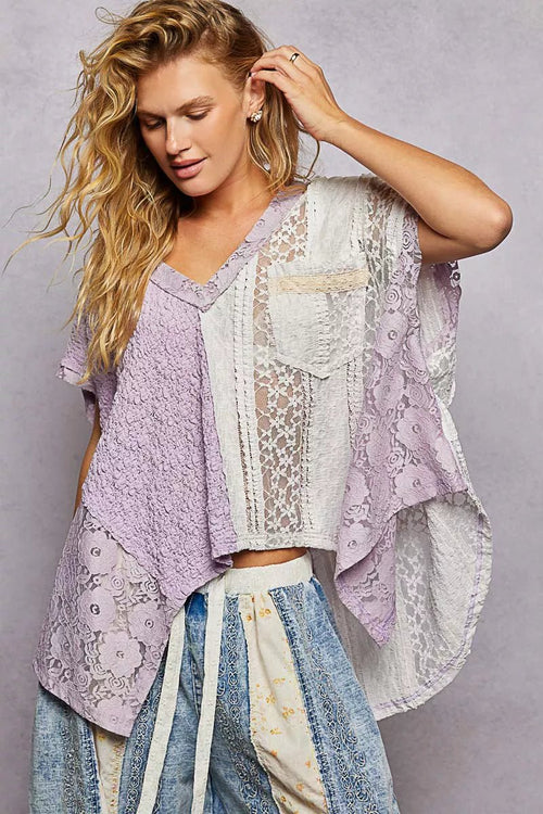 POL Asymmetrical V - Neck Short Sleeve Lace Top - Seedandsoulful