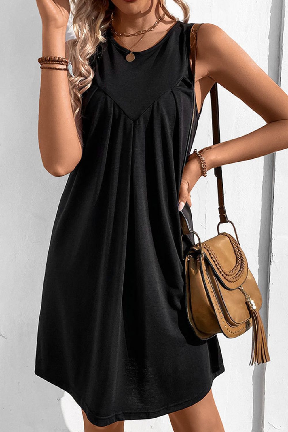 Perfee Round Neck Sleeveless Mini Dress - Seedandsoulful