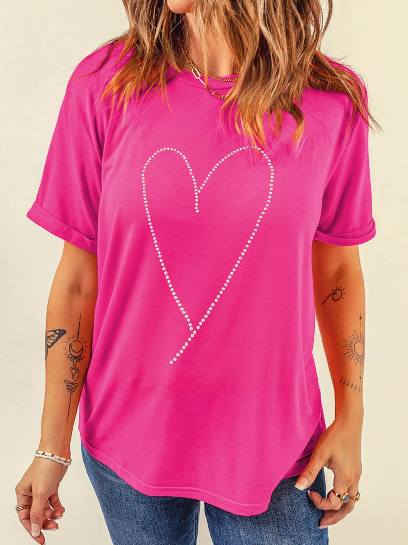 Rhinestone Heart Graphic Crew Neck Valentines Tee - Seedandsoulful