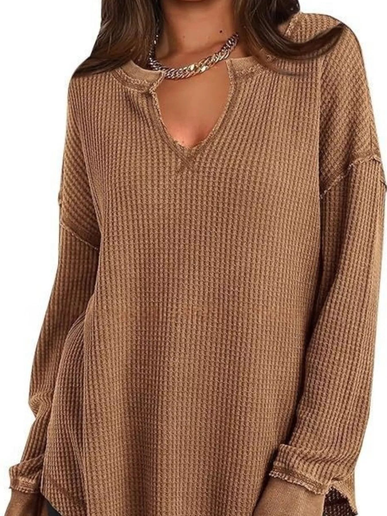 Slit Notched Long Sleeve T-Shirt - Seedandsoulful