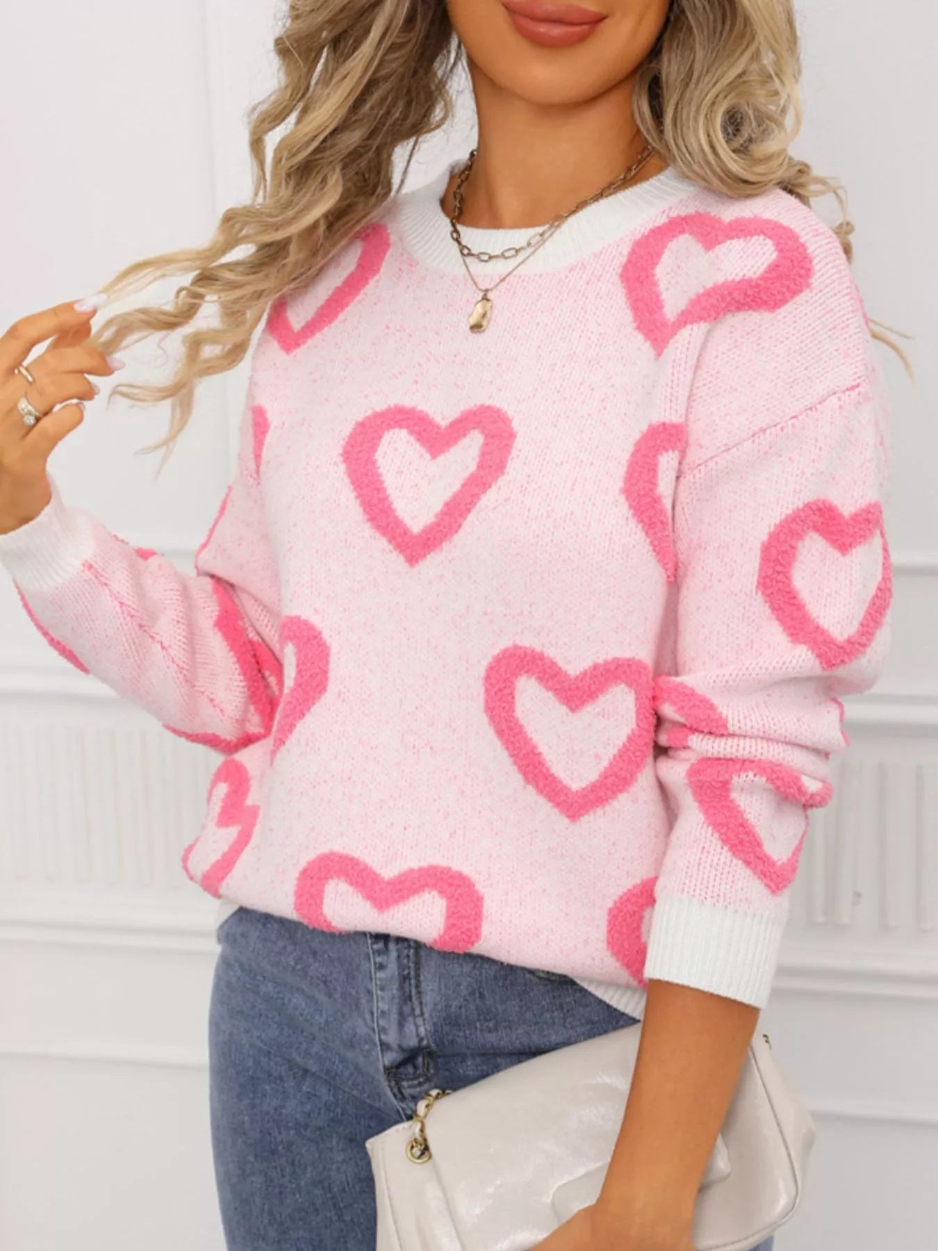 Valentine's Day Heart Pattern Round Neck Sweater - Seedandsoulful