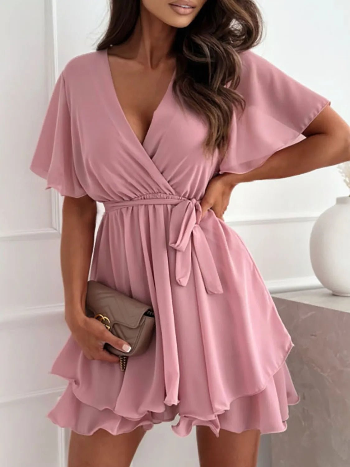Surplice Flutter Sleeve Mini Dress - Seedandsoulful