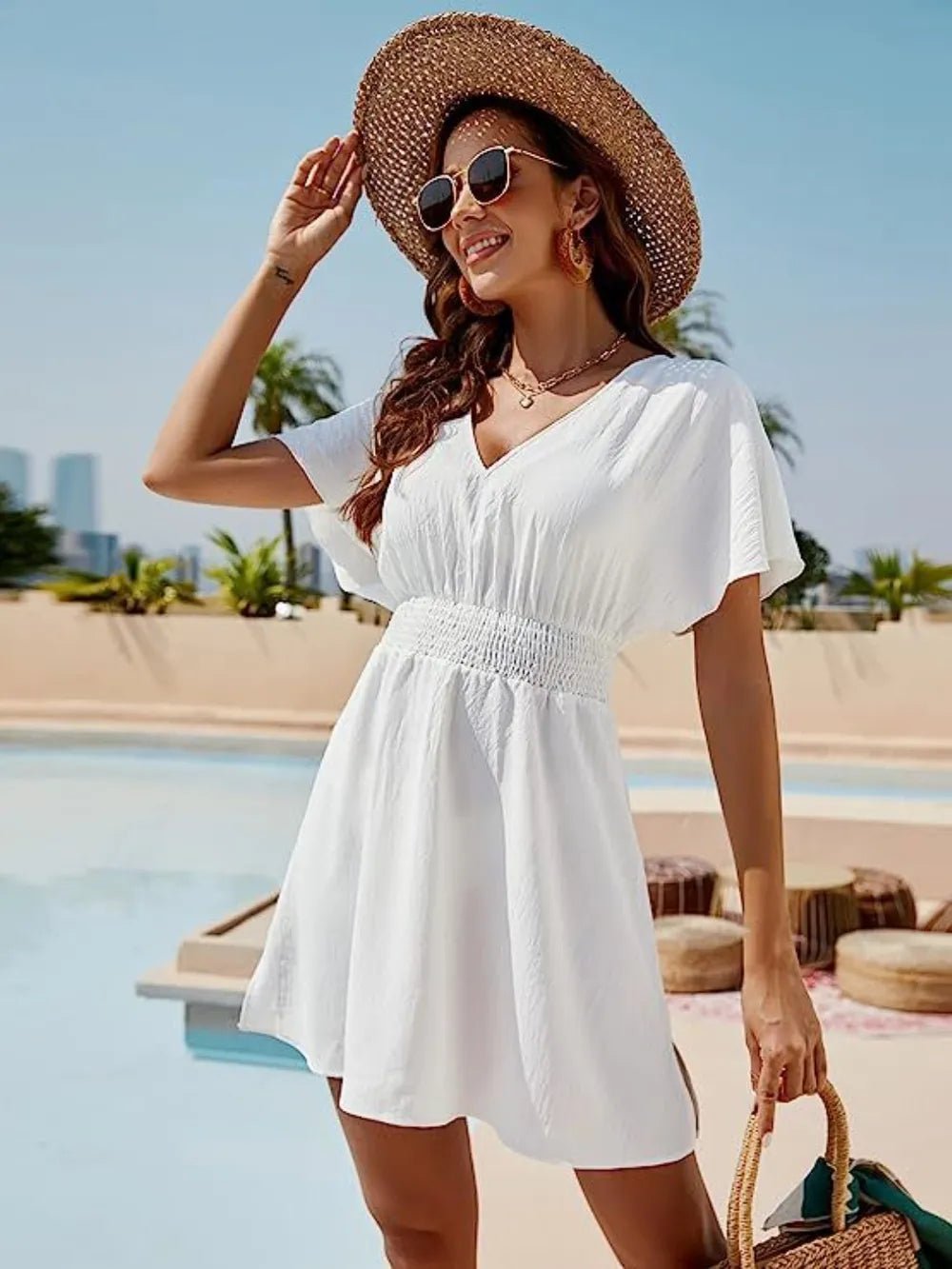 Smocked V - Neck Short Sleeve Dress - Seedandsoulful