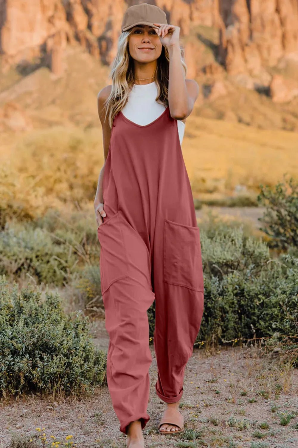 Double Take Full Size V - Neck Sleeveless Jumpsuit with Pockets - Seedandsoulful