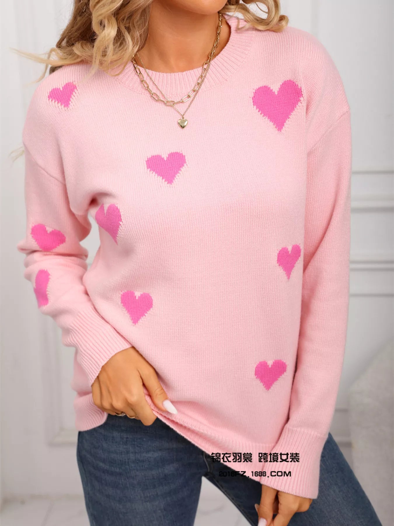 Valentine's Day Heart Print Round Neck Sweater - Seedandsoulful