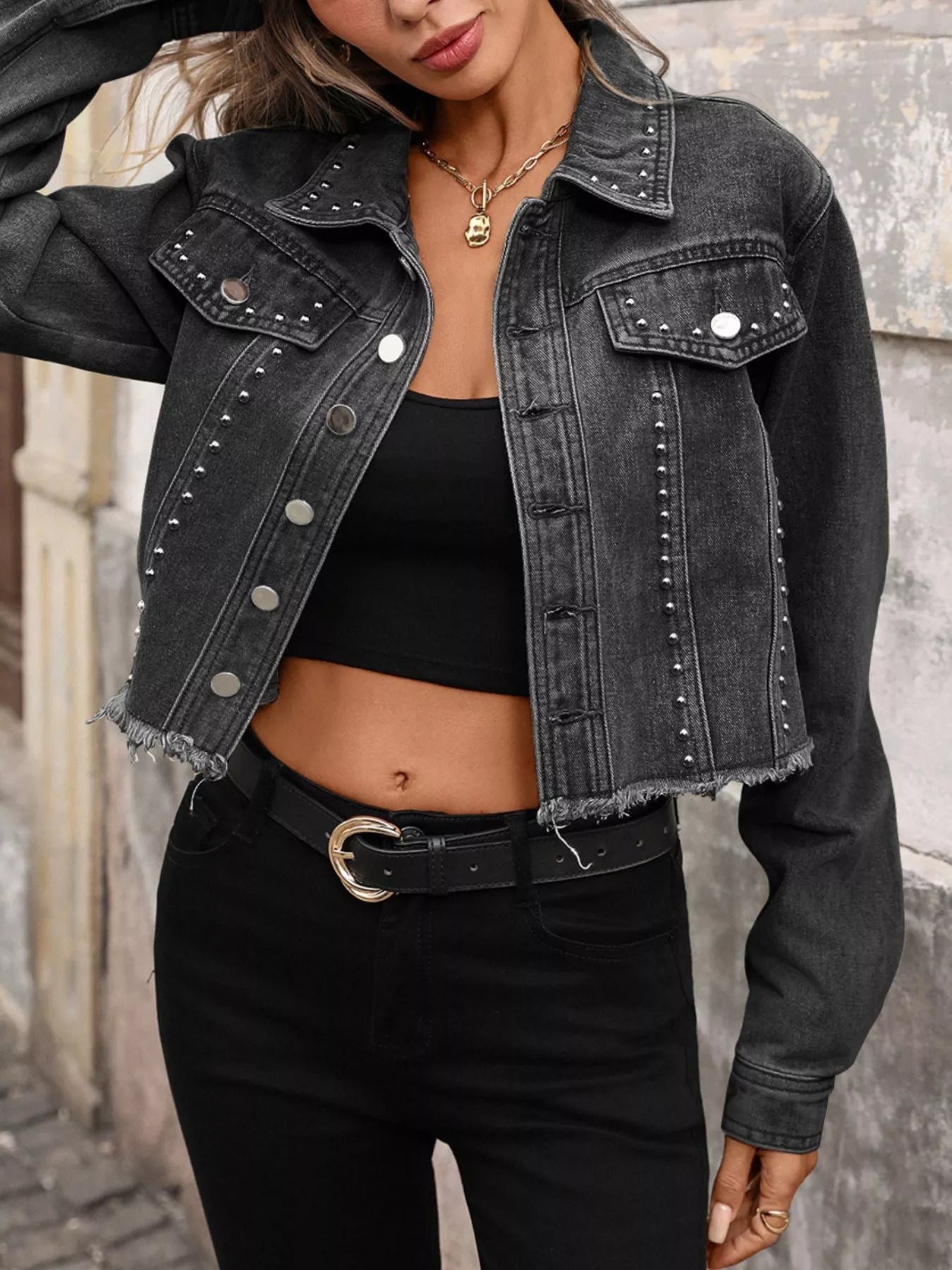 Studded Raw Hem Denim Jacket - Seedandsoulful