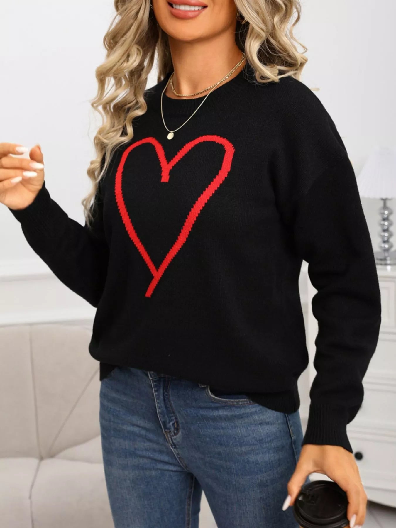 Valentine's Day Heart Graphic Dropped Shoulder Sweater - Seedandsoulful