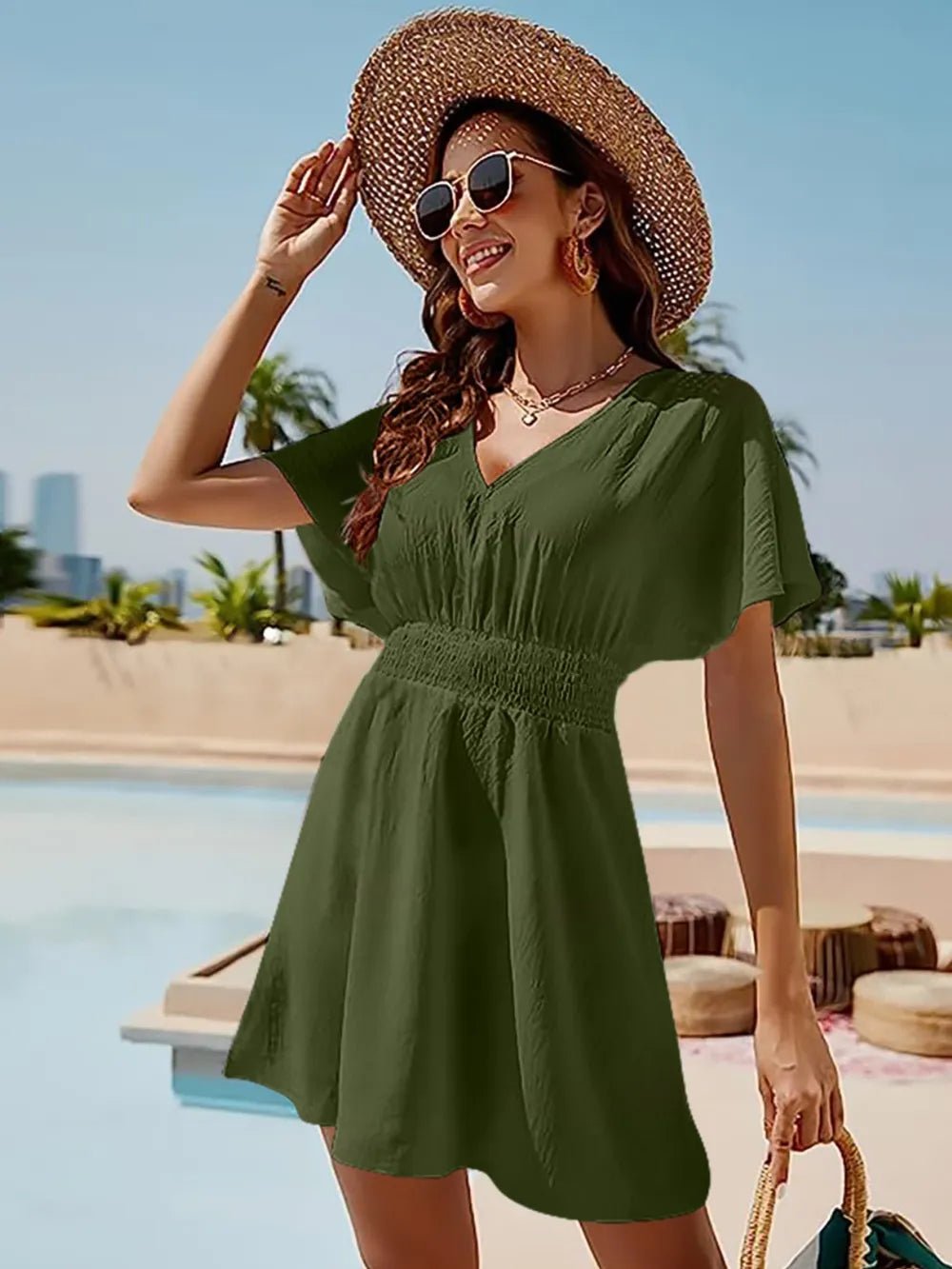 Smocked V - Neck Short Sleeve Dress - Seedandsoulful