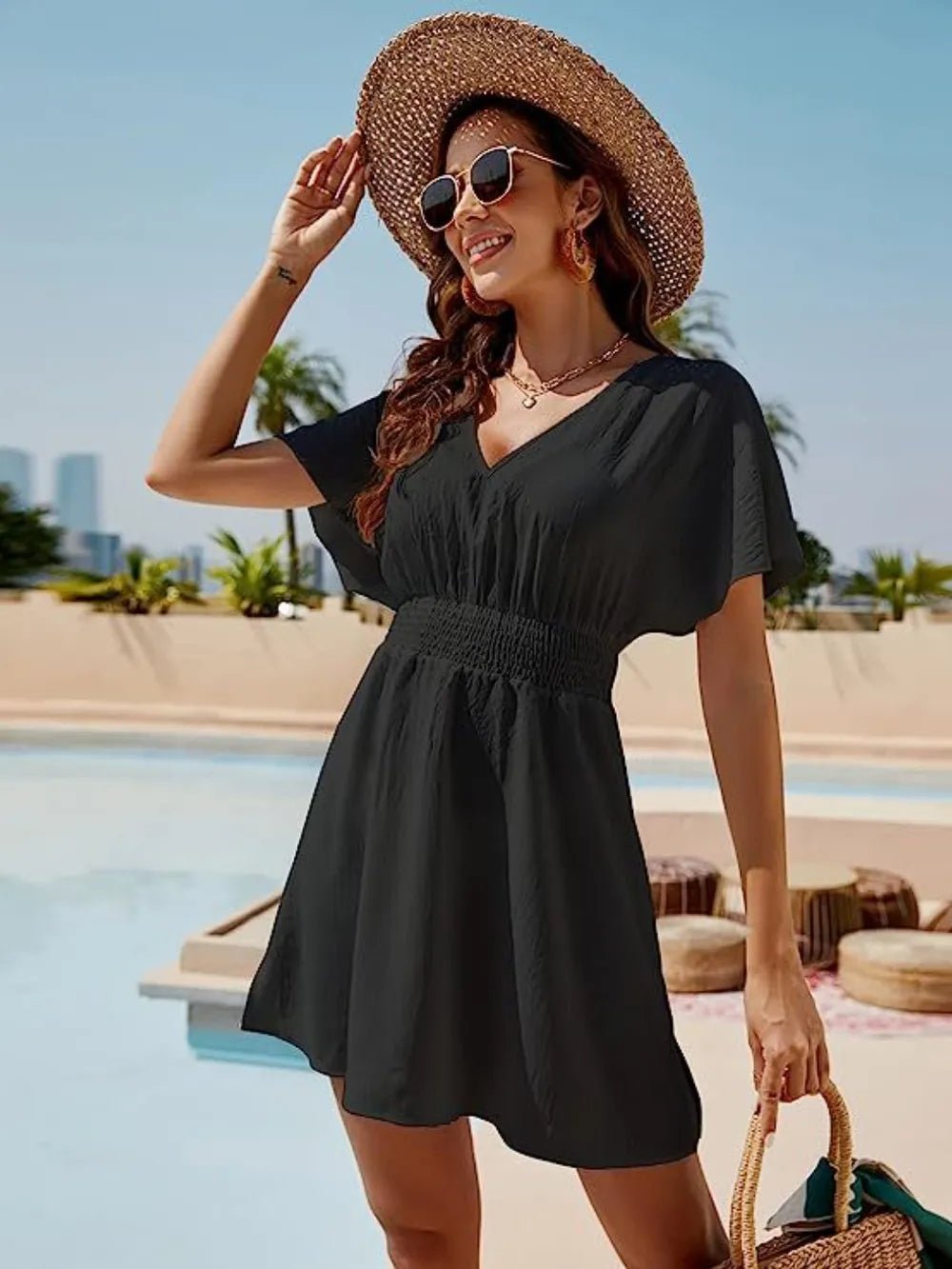 Smocked V - Neck Short Sleeve Dress - Seedandsoulful
