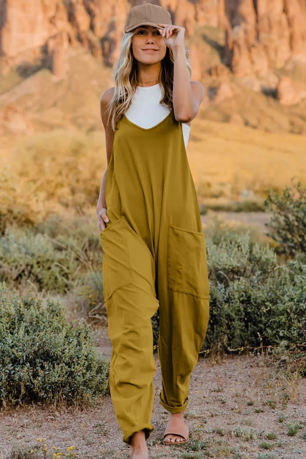 Double Take Full Size V - Neck Sleeveless Jumpsuit with Pockets - Seedandsoulful