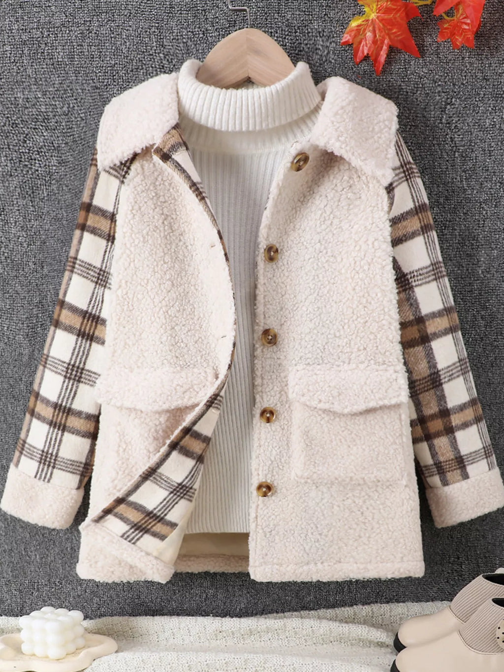 Children's Cozy Plaid Sleeve Fleece Jacket - Seedandsoulful
