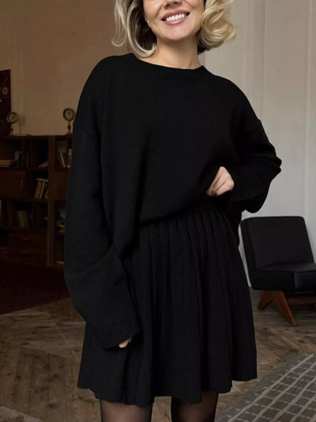 Round Neck Top and Pleated Skirt Sweater Set - Seedandsoulful