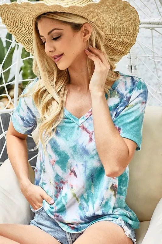 BiBi Tie Dye Terry V Neck Top - Seedandsoulful