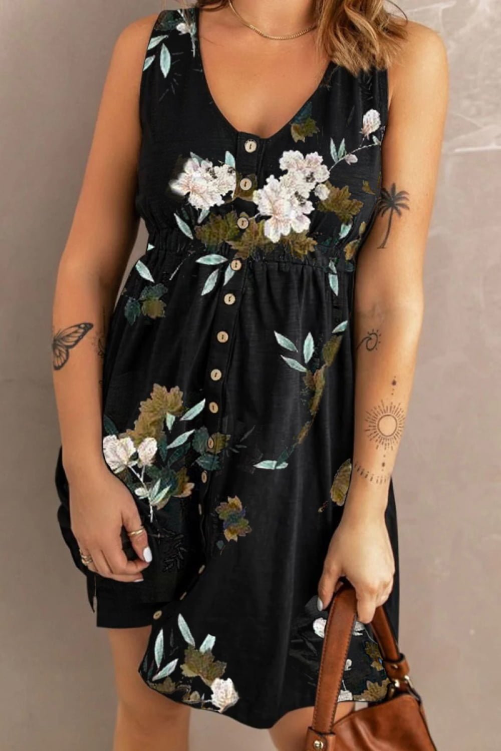 Double Take Printed Scoop Neck Sleeveless Buttoned Magic Dress with Pockets - Seedandsoulful