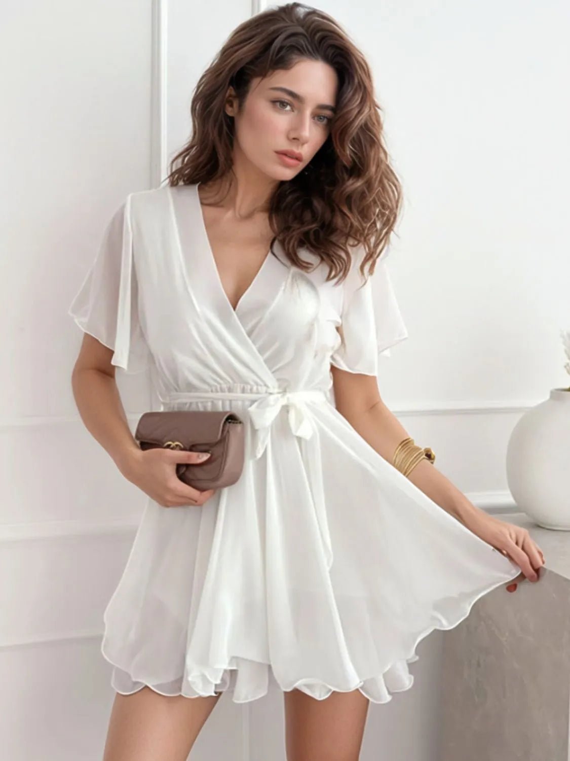 Surplice Flutter Sleeve Mini Dress - Seedandsoulful
