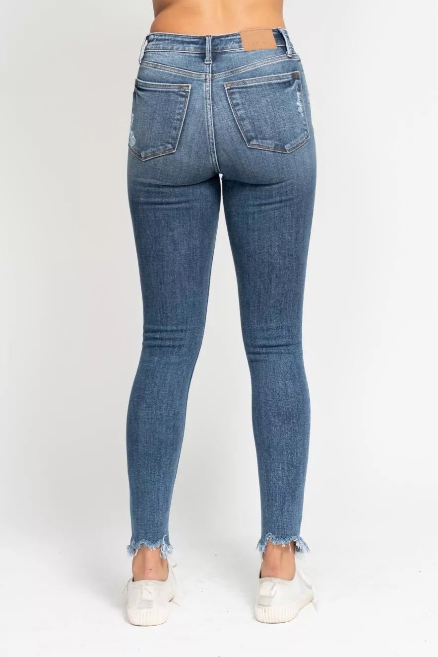 Judy Blue High Waist Skinny Jeans with Destroy & Shark Bit Hem - Seedandsoulful