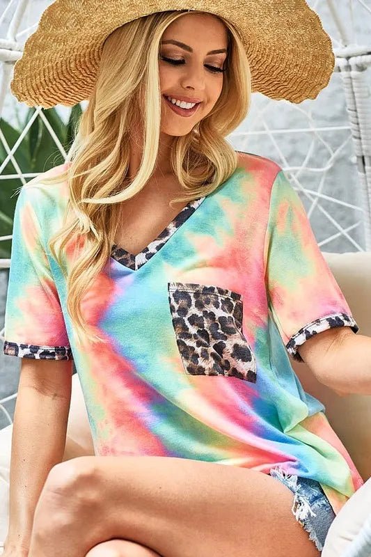 BiBi Tie Dye Print V Neck Top With Front Patch Pocket - Seedandsoulful