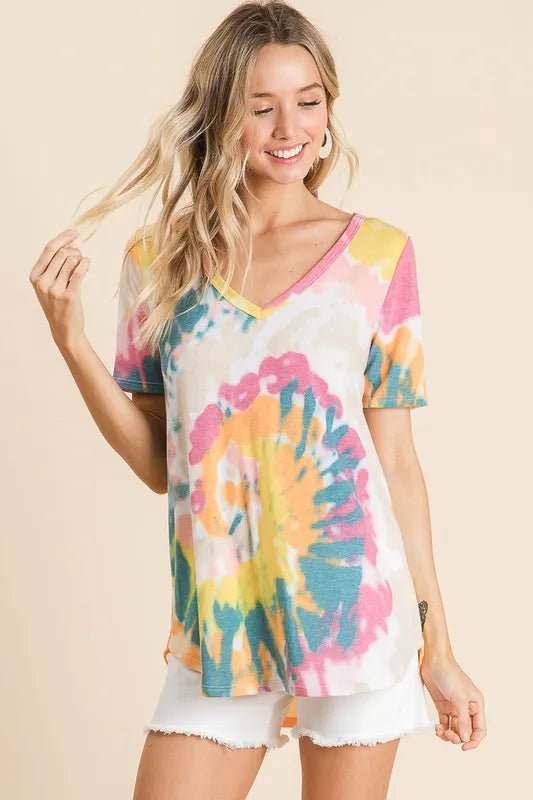 BiBi Circular Tie Dye Print V Neck Top - Seedandsoulful