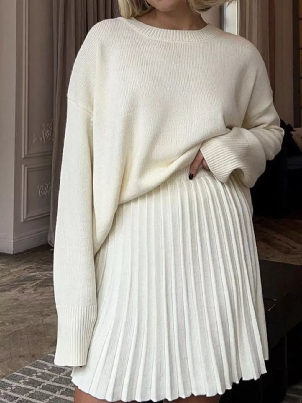 Round Neck Top and Pleated Skirt Sweater Set - Seedandsoulful