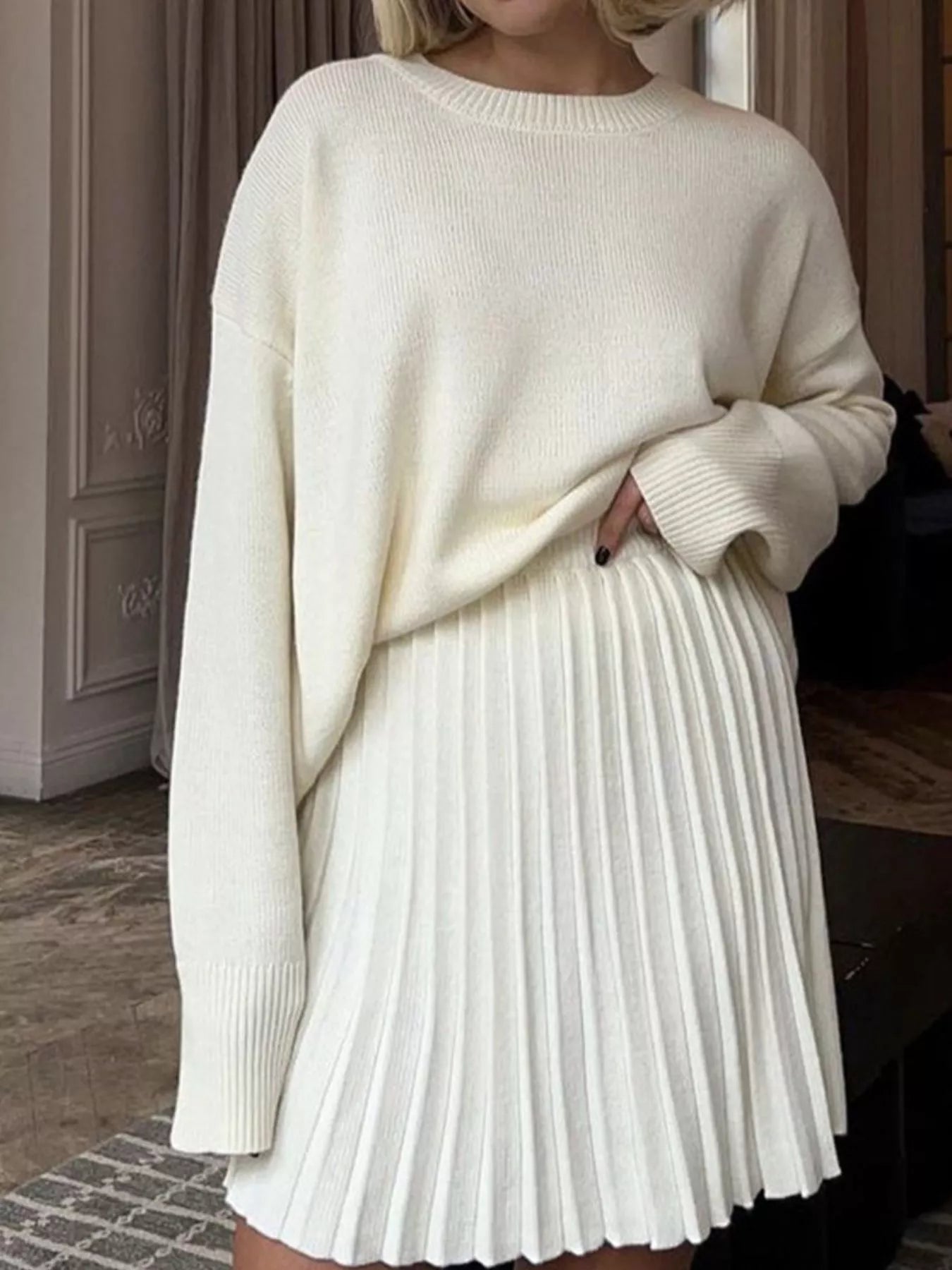 Round Neck Top and Pleated Skirt Sweater Set - Seedandsoulful