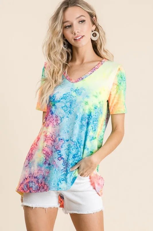 BiBi Tie Dye Print Jersey V Neck Top - Seedandsoulful