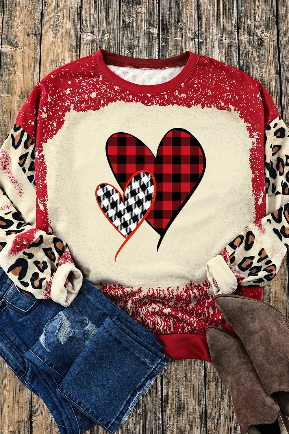 Heart Leopard Round Neck Sweatshirt - Seedandsoulful