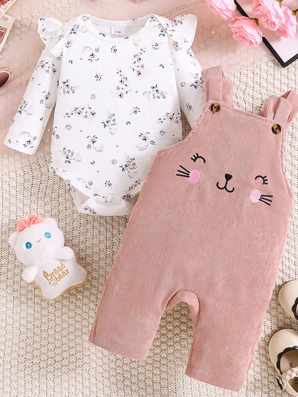 Children's Floral Print Ruffle Trim Top & Corduroy Overalls & Headband Set - Seedandsoulful