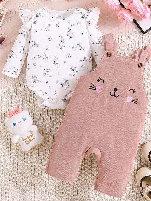 Children's Floral Print Ruffle Trim Top & Corduroy Overalls & Headband Set - Seedandsoulful