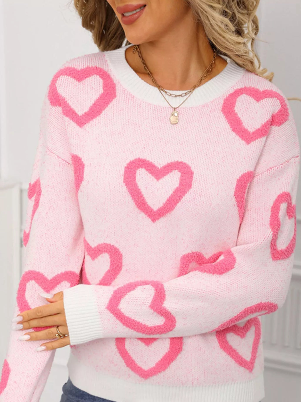 Valentine's Day Heart Pattern Round Neck Sweater - Seedandsoulful